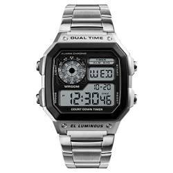 FAMKIT Digitale Armbanduhr mit Edelstahlarmband Hintergrundbeleuchtung Sportuhr Stilvolle Business Armbanduhr, silber von FAMKIT