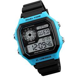 FAMKIT Digitale Herren-Armbanduhr, doppelte Zeit, Datum, Woche, wasserdicht, Sport-Armbanduhr, leuchtende Stoppuhr für Männer und Jungen, blau, Gurt von FAMKIT