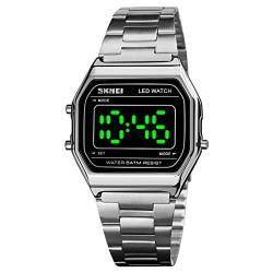 FAMKIT Unisex Digitaluhr Wasserdicht Edelstahl Uhr LED Hintergrundbeleuchtung Stilvolle Armbanduhr für Männer Frauen, silber von FAMKIT