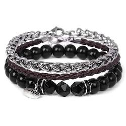 FANCIBAND Armband Herren Leder Edelstahl Und Perlen Naturstein Schwarz Armband Herren Personalisiert Geschenke FüR MäNner Ehemann Freund Bruder-Obsidian von FANCIBAND