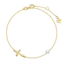 FANCIME Armband für Damen mit Kreuz Anhänger aus 14 Karat 585 Gelb Gold Charm Perlen Armkette Schmuck Geschenk für Mädchen Kinder, Armbandlänge 17+3 cm von FANCIME