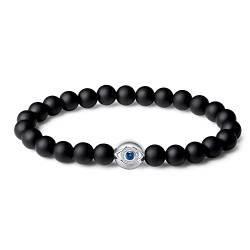 FANCIME Perlenarmband Herren, Schwarz Armband Herren mit 8mm Obsidian Perlen und 925 Sliber Evil Eye Anhänger, Elastisches Kugel Armband Herren, Geschenk für Männer von FANCIME