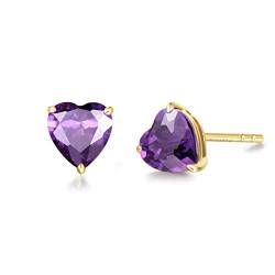 FANCIME Solide 14 Karat 585 Gelb Gold Herz Klein Ohrstecker Ohrringe mit 1,25 ct Echt Natürlich Amethyst Schmuck für Damen Mädchen Mama, Größe: 5 * 5 mm von FANCIME