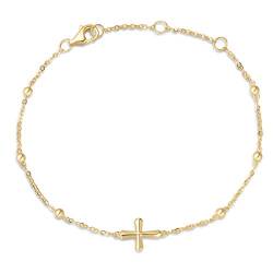 Solide 14 Karat 585 Gelb Gold Armband mit Kreuz Anhänger Charm Bracelet Minimalistisch Geschenk Schmuck für Damen Mädchen - Verstellbar Armkette: 15 + 3 cm von FANCIME