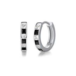 Solide 925 Sterling Silber Creolen Huggies Klein Ohrringe mit Weiß/Schwarz Zirkonia Basic Minimalist Schmuck Geschenk für Damen Mädchen Herren Jungen Unisex - Durchmesser: 15 mm von FANCIME