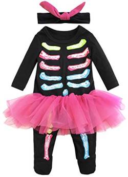 FANCYINN Baby Boy Mädchen Halloween Kostüm Skeleton Romper Fancy Bones Skelett Kostüm Kleid mit Stirnband Rosa 59 (0-3M) von FANCYINN