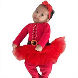 FANCYINN Baby Girl Langarm Strampler Weihnachten Kleinkind Jumpsuit Kleinkind Tüll Kleid Rundhalsausschnitt Gürtel Print Rot Outfit von FANCYINN
