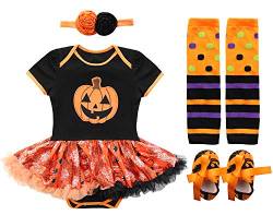 FANCYINN Baby Girls Mein 1. Halloween Outfit Kürbis Kurzarm Strampler Tutu Rock + Stirnband + Beinwärmer + Schuhe Kleinkind Party Halloween Kostüm 4St Mehrfarbig von FANCYINN