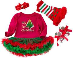 FANCYINN Baby Girls Weihnachtsbaum Strampler Kleid Rüschen Tutu Kleider Weihnachtskostüm Strampler Kleid mit Stirnband Beinlinge Schuhe 4PCS Set 0-3 Monate von FANCYINN