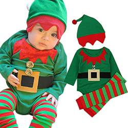 FANCYINN Baby Junge Mädchen Weihnachtselfe Outfit Weihnachtsmann Overall Strampler mit Beinwärmer Mütze 3 Stück 70 0-3 Monate von FANCYINN