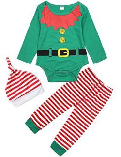 FANCYINN Baby Jungen Mädchen Weihnachtsoutfits Baby Jungen Elfenkostüme Langarm T-Shirt Tops mit gestreiften Hosen & Hut Set Grüne Outfits Weihnachtselfe & Knopf 2-3T von FANCYINN