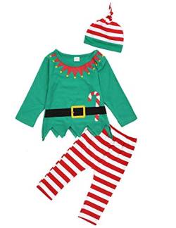 FANCYINN Baby Jungen Mädchen Weihnachtsoutfits Baby Jungen Elfenkostüme Langarm T-Shirt Tops mit gestreiften Hosen & Hut Set Grüne Outfits Weihnachtselfe & Zuckerstange 3-6 Monate von FANCYINN