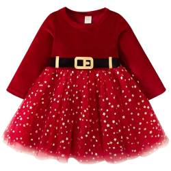 FANCYINN Baby Kleinkind Mädchen Weihnachtsfeier Outfits Neugeborene Langarm Winter Pullover Samt Pailletten Kleid mit Gürtel Red Mesh 3-4T von FANCYINN