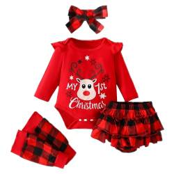 FANCYINN Baby Mädchen Weihnachten Tutu Tüll Kleid Mein Erstes Weihnachtskleid Kleinkinder Weihnachten Strampler Kleid mit Stirnband Beinlinge Rot Hirsch 0-3 Monate von FANCYINN