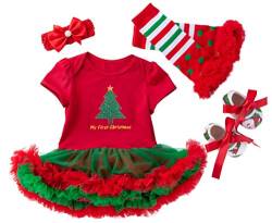 FANCYINN Baby Mädchen Weihnachten Tutu Tüll Kleid Weihnachten Party Tutu Kleid Strampler mit Stirnband Beinwärmer & Schuhe & Schuhe Weihnachtsbaum 0-3 Monate von FANCYINN