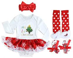 FANCYINN Baby Mädchen Weihnachten Tutu Tüll Kleid Weihnachtskleid Kleinkinder Weihnachten Strampler Kleid mit Stirnband Beinlinge & Schuhe Weißer Weihnachtsbaum 0-3 Monate von FANCYINN