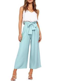 FANCYINN Damen 2 teiliges Crop Pants Set mit weitem Bein Wide Strap V-Ausschnitt Tank High Waist Cropped Paper Bag Hose mit Gürtel Hellblaue Hose und weißes Top XL von FANCYINN