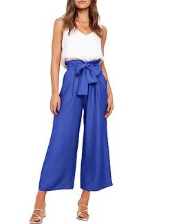 FANCYINN Damen 2 teiliges Crop Pants Set mit weitem Bein Wide Strap V-Ausschnitt Tank High Waist Cropped Paper Bag Hose mit Gürtel Königsblaue Hose & weißes Top L von FANCYINN