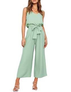 FANCYINN Damen 2 teiliges Crop Pants Set mit weitem Bein Wide Strap V-Ausschnitt Tank High Waist Cropped Paper Bag Hose mit Gürtel Mintgrünes Top und Hose mit weitem Bein S von FANCYINN