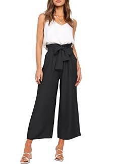 FANCYINN Damen 2 teiliges Crop Pants Set mit weitem Bein Wide Strap V-Ausschnitt Tank High Waist Cropped Paper Bag Hose mit Gürtel Schwarz XS von FANCYINN