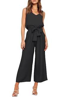 FANCYINN Damen 2 teiliges Crop Pants Set mit weitem Bein Wide Strap V-Ausschnitt Tank High Waist Cropped Paper Bag Hose mit Gürtel Schwarzes Top und Hose mit weitem Bein M von FANCYINN