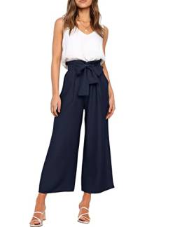 FANCYINN Damen 2 teiliges Crop Pants Set mit weitem Bein Wide Strap V-Ausschnitt Tank High Waist Cropped Paper Bag Hose mit Gürtel weiß Top und Meerblau Hose XL von FANCYINN