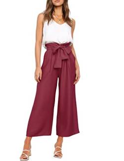 FANCYINN Damen 2 teiliges Crop Pants Set mit weitem Bein Wide Strap V-Ausschnitt Tank High Waist Cropped Paper Bag Hose mit Gürtel weiß Top und Weinrot Hose M von FANCYINN