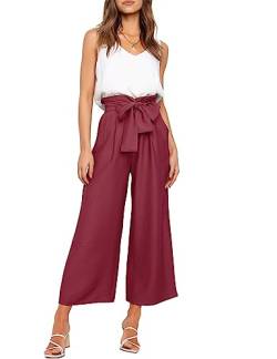 FANCYINN Damen 2 teiliges Crop Pants Set mit weitem Bein Wide Strap V-Ausschnitt Tank High Waist Cropped Paper Bag Hose mit Gürtel weiß Top und Weinrot Hose XL von FANCYINN