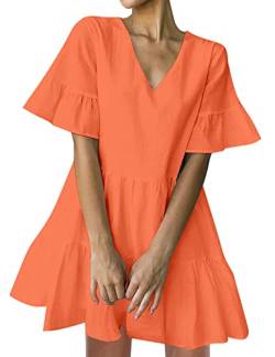 FANCYINN Damen Cute Shift Kleid mit Taschen Glockenärmel Rüschen Saum V Ausschnitt Lose Swing Tunika Minikleid Orange M von FANCYINN