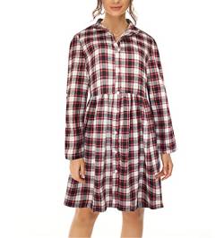 FANCYINN Damen Gingham Hemdkleid Langarm Button Down Tops Lässige Tunika Kariertes Minikleid Rot und Schwarz S von FANCYINN