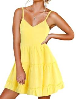 FANCYINN Damen Kleider mit V-Ausschnitt und Spaghettiträger Rückenfreies ärmelloses Blumenkleid Rüschen Loose Swing Freizeitkleid Gelb XL von FANCYINN
