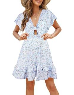 FANCYINN Damen Kurzarm Sommerkleid Blumen Strandkleid V-Ausschnitt Boho Rückenfreies A-Linien Kleid Minikleid Blaue Basis und kleines Blumenmuster M von FANCYINN