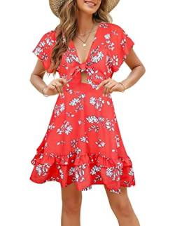 FANCYINN Damen Kurzarm Sommerkleid Blumen Strandkleid V-Ausschnitt Boho Rückenfreies A-Linien Kleid Minikleid Rote Blüten mit weißer Basis M von FANCYINN