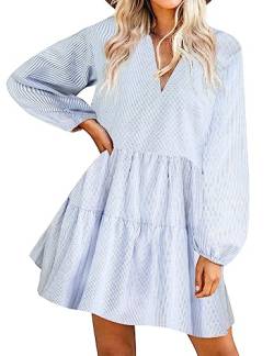 FANCYINN Damen Rüschen Glockenärmel Etuikleid Babydoll Leinen Casual Minikleid mit Taschen Langarm Blau Nadelstreifen M von FANCYINN