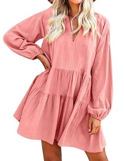 FANCYINN Damen Rüschen Glockenärmel Etuikleid Babydoll Leinen Casual Minikleid mit Taschen Langarm Rosa S von FANCYINN