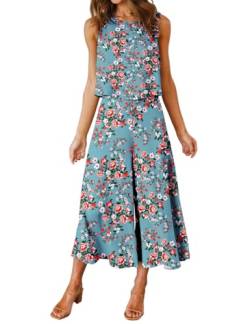 FANCYINN Damen Sommer 2-teiliges Outfit Jumpsuit Elegant Ärmelloses Rundhals Tanktop gekürzte Weite Beinhose Blaugrün mit roten Blumen XL von FANCYINN