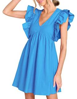 FANCYINN Damen Sommer Midikleid mit tiefem V-Ausschnitt und gerafften Ärmeln lässig plissiert Swing A-Linie Tunika-Kleider Himmelblau S von FANCYINN