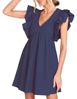 FANCYINN Damen Sommer Midikleid mit tiefem V-Ausschnitt und gerafften Ärmeln lässig plissiert Swing A-Linie Tunika-Kleider Marineblau M von FANCYINN