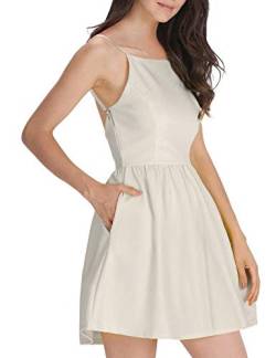 FANCYINN Damen Sommerkleid Armellos Spaghetti-Armband Kleider Elegant Rückenfreies Kurze Kleid Minikleid Beige L(42-44) von FANCYINN