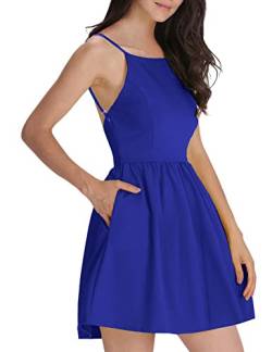 FANCYINN Damen Sommerkleid Armellos Spaghetti-Armband Kleider Elegant Rückenfreies Kurze Kleid Minikleid Blau L(42-44) von FANCYINN