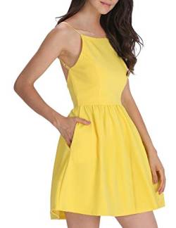 FANCYINN Damen Sommerkleid Armellos Spaghetti-Armband Kleider Elegant Rückenfreies Kurze Kleid Minikleid Gelb M(38-40) von FANCYINN