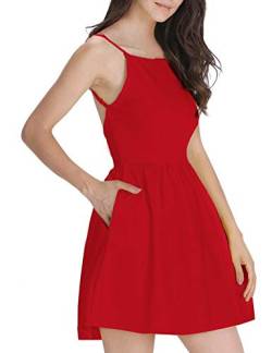 FANCYINN Damen Sommerkleid Armellos Spaghetti-Armband Kleider Elegant Rückenfreies Kurze Kleid Minikleid Rot XL(46) von FANCYINN