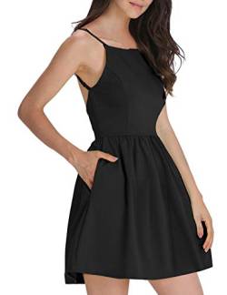FANCYINN Damen Sommerkleid Armellos Spaghetti-Armband Kleider Elegant Rückenfreies Kurze Kleid Minikleid Schwarz-XS(30-32) von FANCYINN