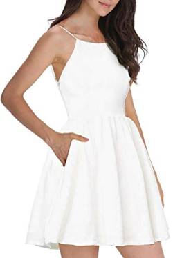FANCYINN Damen Sommerkleid Armellos Spaghetti-Armband Kleider Elegant Rückenfreies Kurze Kleid Minikleid Weiß-XL(46) von FANCYINN