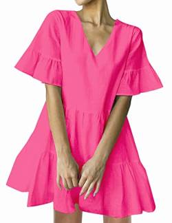 FANCYINN Damen Sommerkleider Shift lockeres Kleid V-Ausschnitt Rüschenärmel A Linie Mini Volant Kleid Pfirsichblüte M von FANCYINN