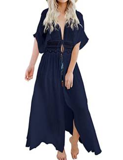 FANCYINN Damen Strandkleid Cover-Ups Vertuschen Strandurlaub Badeanzug Spitze Vorne Binden Pareos Strandkleider Blau L von FANCYINN