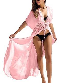 FANCYINN Damen Strandkleid Cover-Ups Vertuschen Strandurlaub Badeanzug Spitze Vorne Binden Pareos Strandkleider Rosa XL von FANCYINN