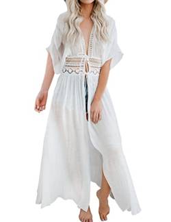 FANCYINN Damen Strandkleid Cover-Ups Vertuschen Strandurlaub Badeanzug Spitze Vorne Binden Pareos Strandkleider Weiß M von FANCYINN