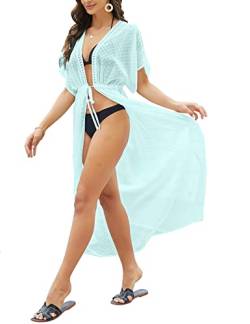 FANCYINN Damen Strandkleider Bikini Cover Up Strandponcho Sommer Lace Bademode Gestrickte Strand Vertuschen Blau Kordelzug S von FANCYINN