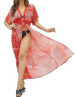 FANCYINN Damen Strandkleider Bikini Cover Up Strandponcho Sommer Lace Bademode Gestrickte Strand Vertuschen Roter Aufdruck M von FANCYINN